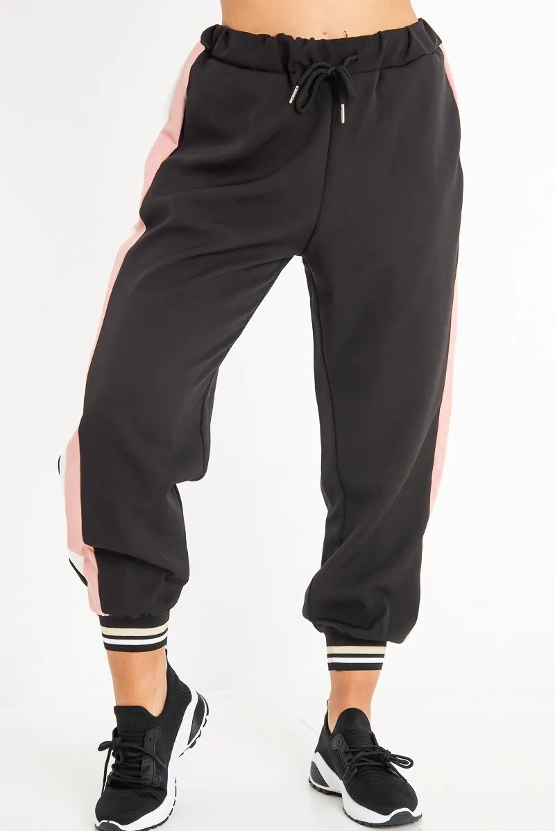 Black Pink Cuffed Hem Tie Waist Joggers - Kaci