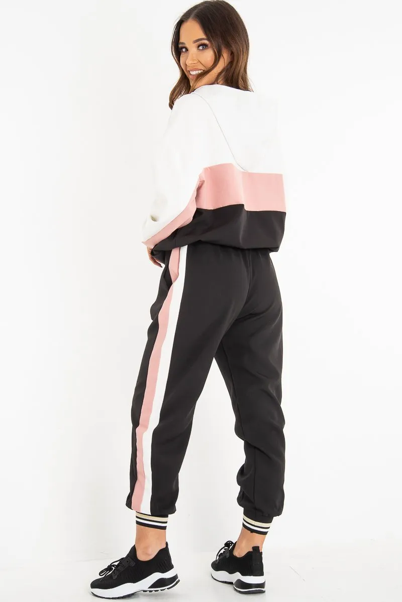 Black Pink Cuffed Hem Tie Waist Joggers - Kaci