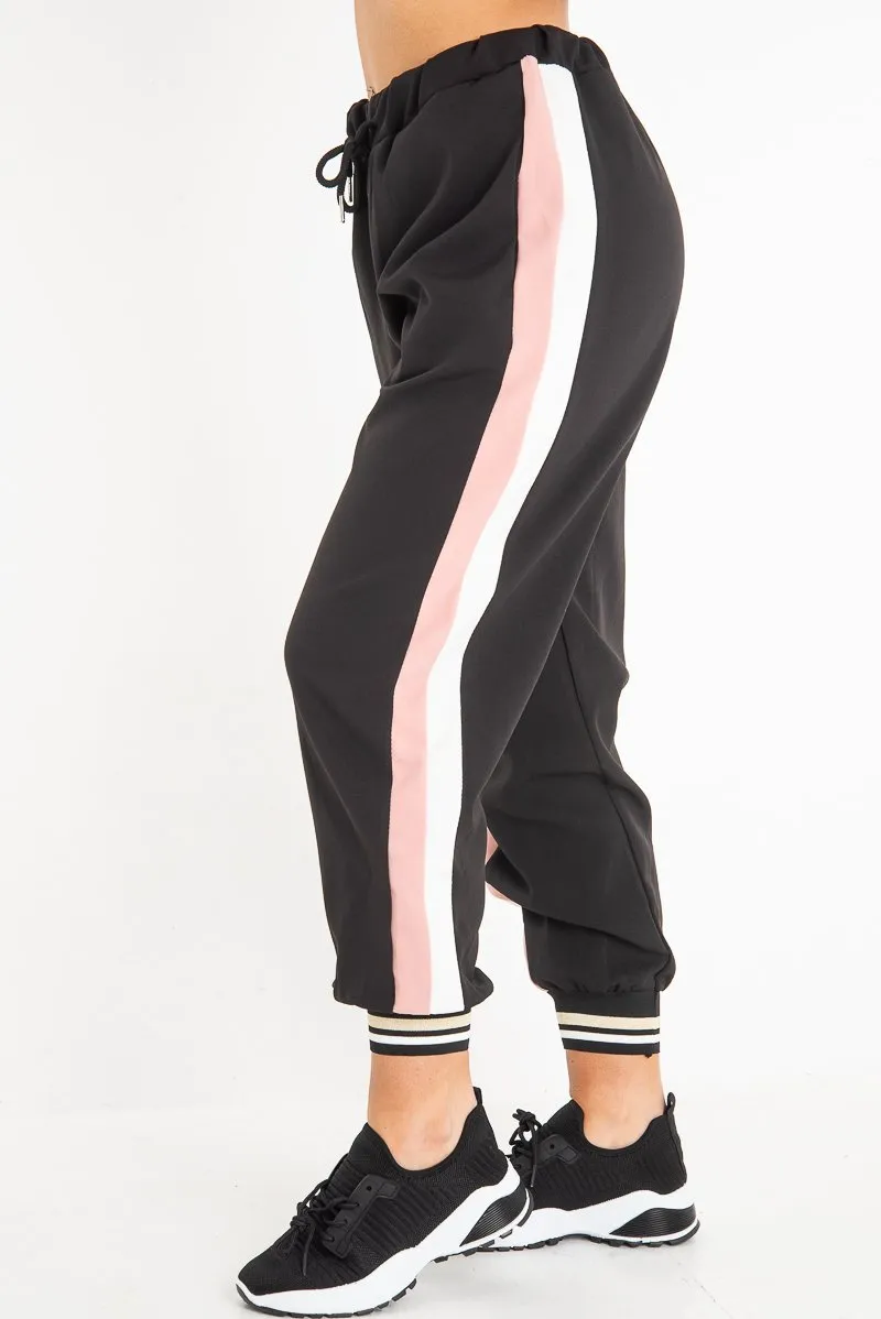 Black Pink Cuffed Hem Tie Waist Joggers - Kaci