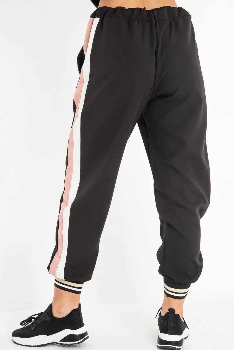 Black Pink Cuffed Hem Tie Waist Joggers - Kaci