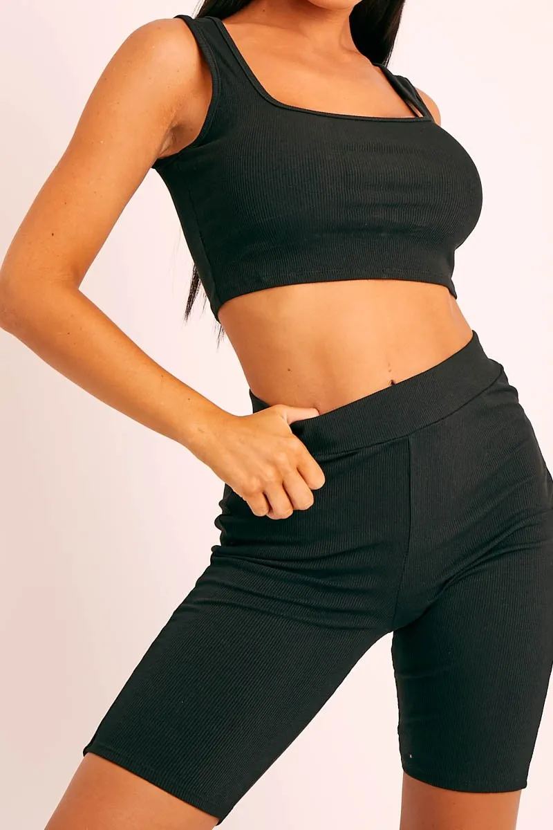 Black Ribbed Crop Top and Cycling Shorts Co-ord - Nina