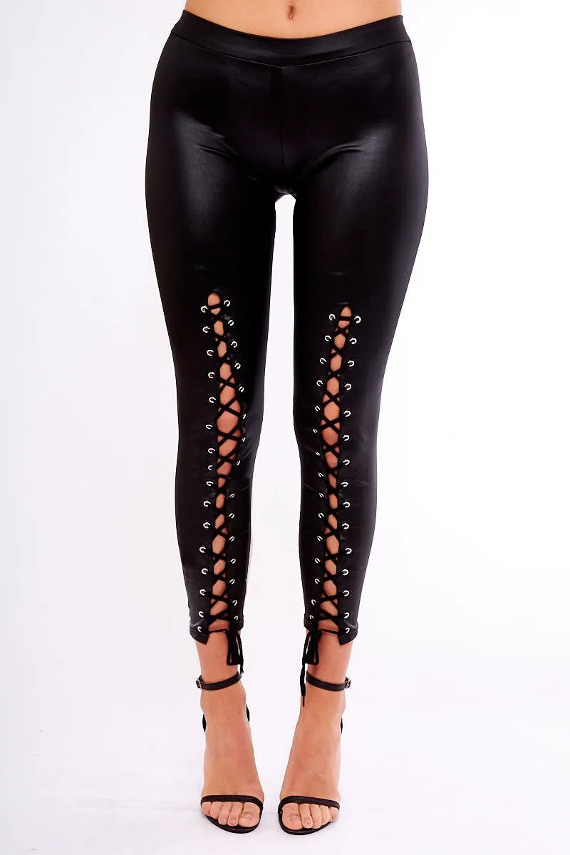 Black Wet Look PU Lace Up Leggings - Carmen