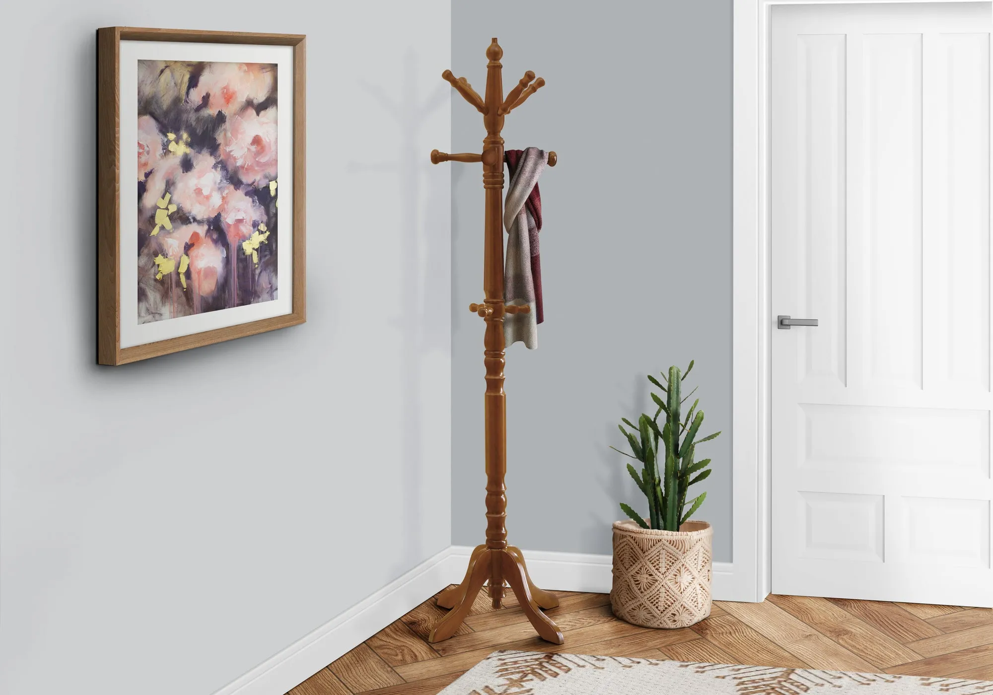 Coat Rack, Hall Tree, Free Standing, 11 Hooks, Entryway, 73"h, Bedroom, Brown Wood, Transitional