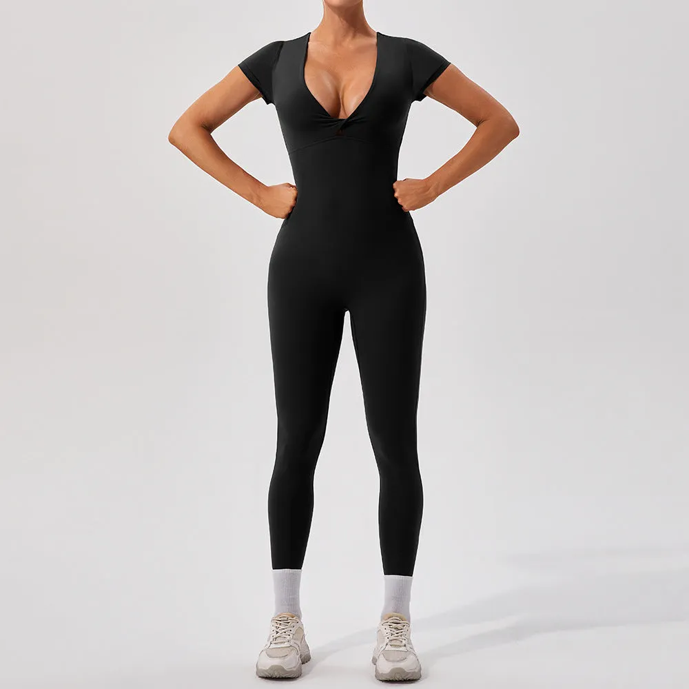 European And American Sexy Nude Feel Short Sleeve Yoga Jumpsuit