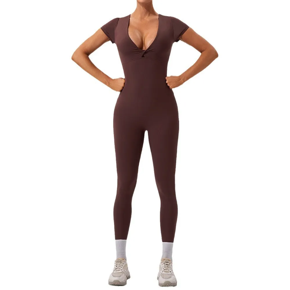 European And American Sexy Nude Feel Short Sleeve Yoga Jumpsuit