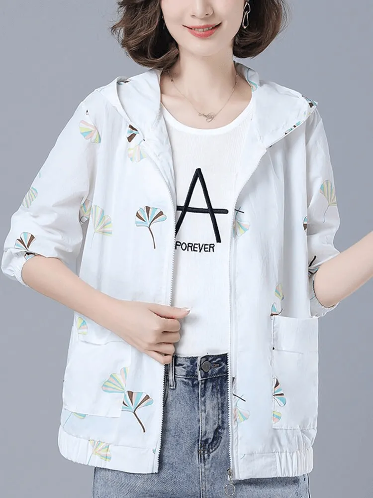 Floral Print Hooded Jacket for Women / Pockets Zipper Windbreaker - SF0878