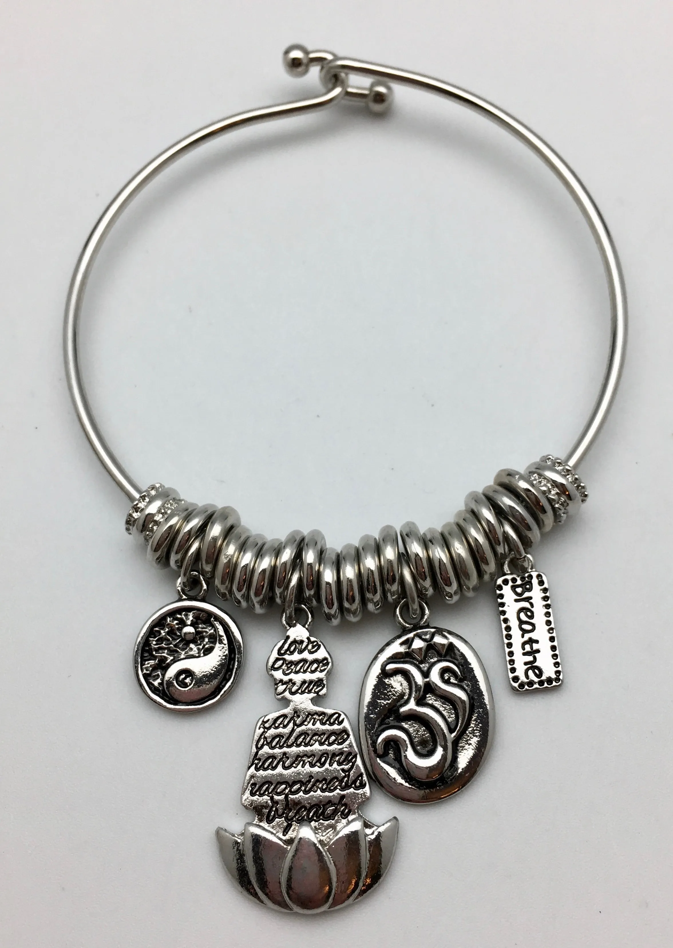 Harmony, Happiness & Tranquility Silver Charm Bangle Bracelet