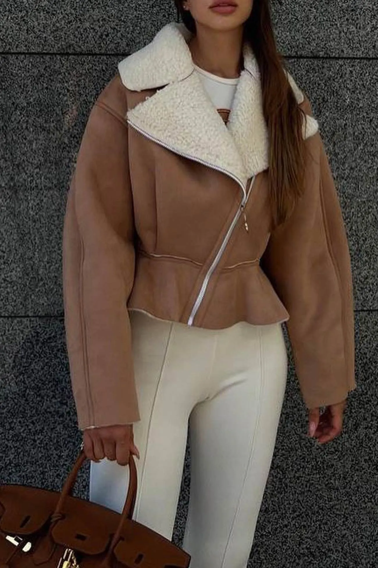 Lapel Leather Patchwork Plush Coat