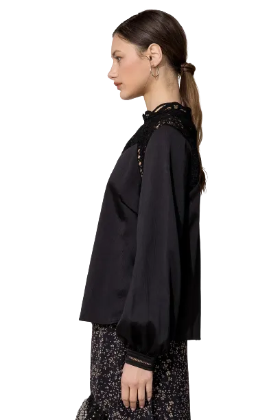 Miss Me Woman's Victorian Lace Neck Satin Blouse