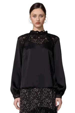 Miss Me Woman's Victorian Lace Neck Satin Blouse