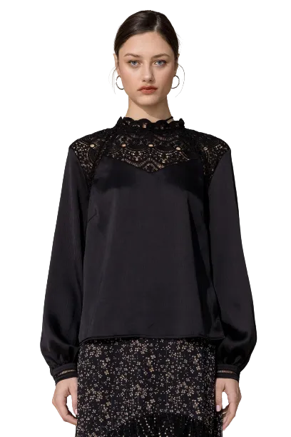 Miss Me Woman's Victorian Lace Neck Satin Blouse