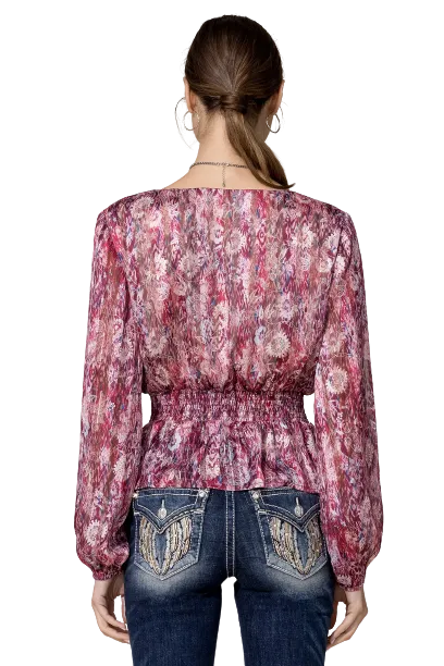 Miss Me Women's Fuschia Ruffled Floral Blouse