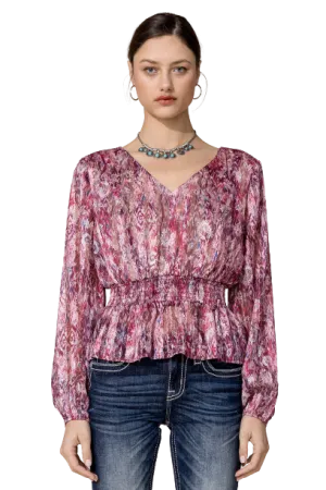 Miss Me Women's Fuschia Ruffled Floral Blouse