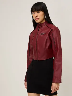 Nuon Burgundy Text Embossed Faux-Leather Jacket