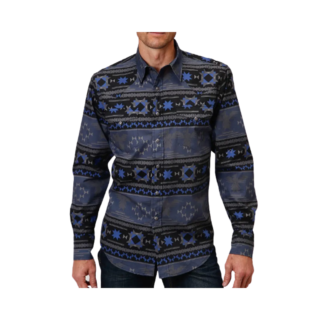 Roper Men's Horizontal Aztec Print Blue Shirt