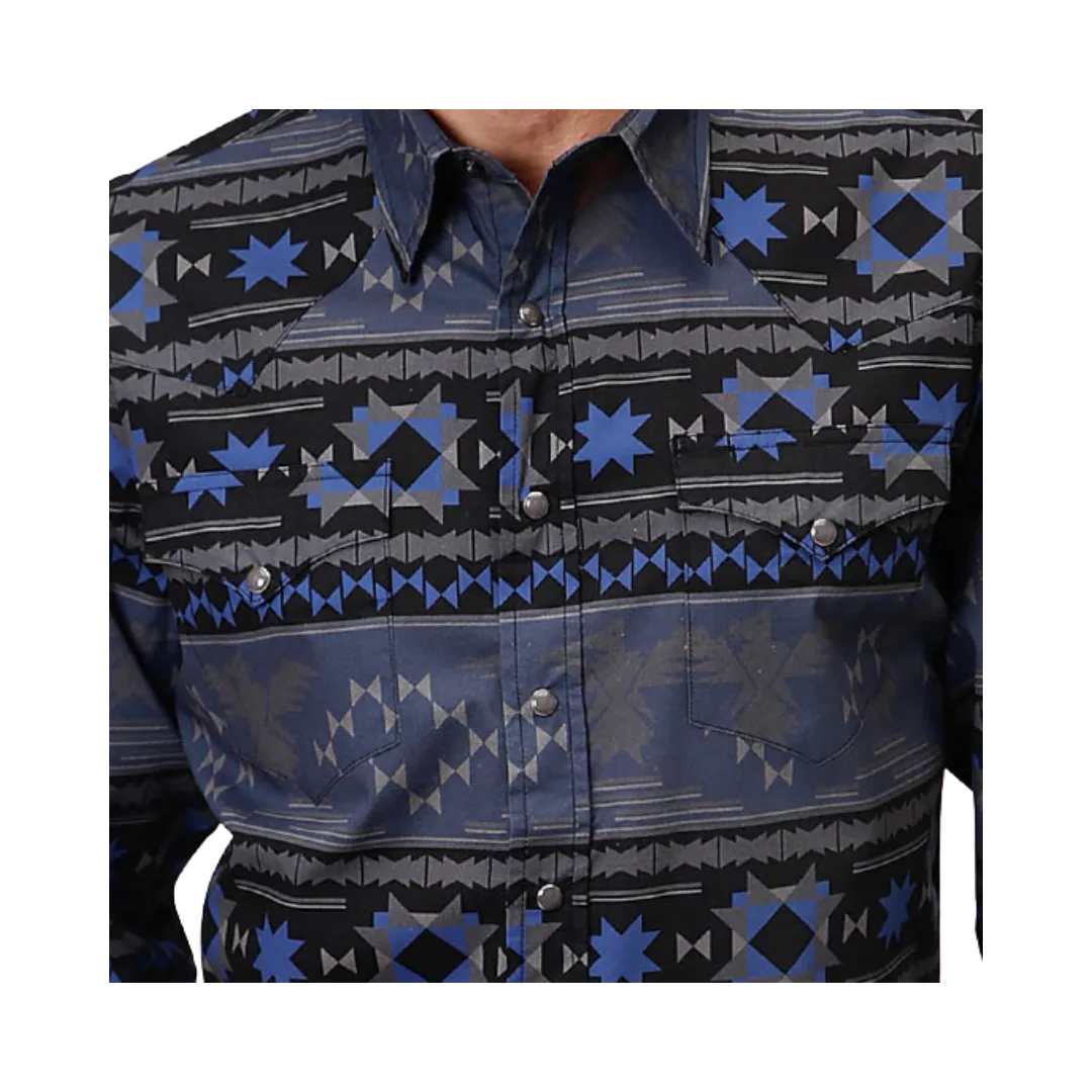 Roper Men's Horizontal Aztec Print Blue Shirt