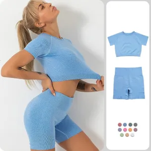 Seamless Yoga Set Crop Top Sexy Short sleeves T-shirt Fitness Breathable Shorts Running Workout Outfit Gym Suits 2 Pieces