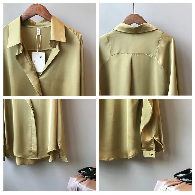 Silk satin v-neck chiffon shirt