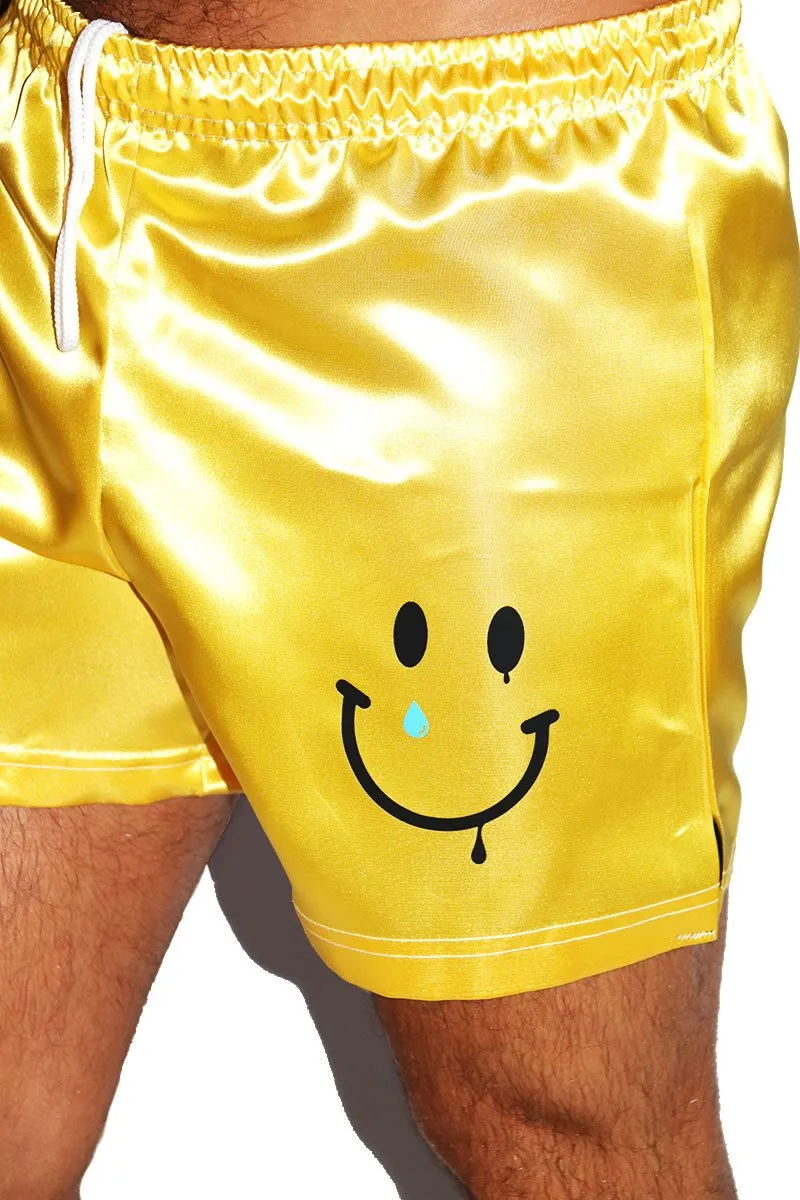 Smiley Satin Athletic Shorts-Yellow