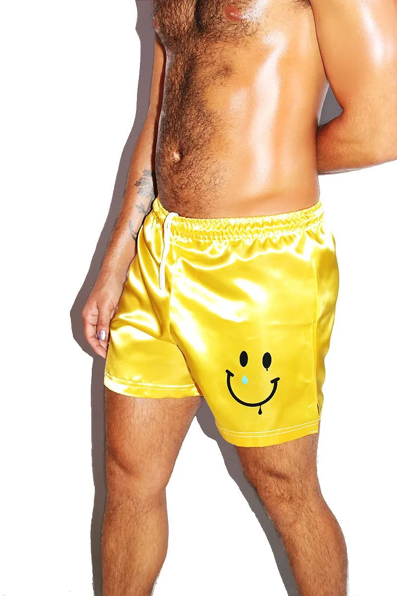 Smiley Satin Athletic Shorts-Yellow