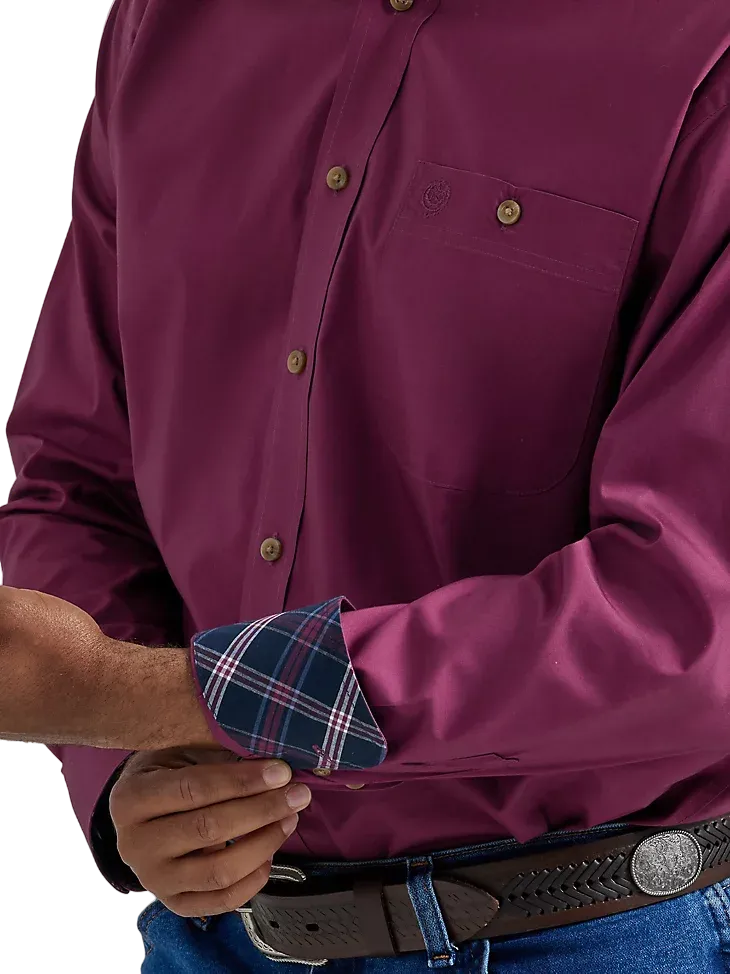 Wrangler Men's George Strait Long Sleeve One Pocket Button Down Solid Violet Wine Shirt