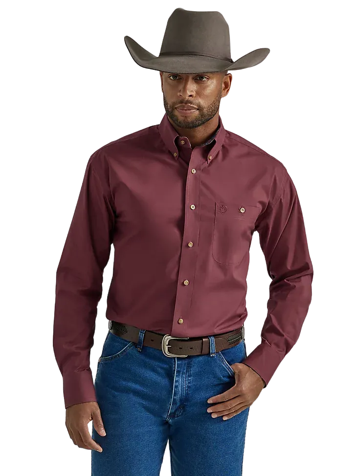 Wrangler Men's George Strait Long Sleeve One Pocket Button Down Solid Violet Wine Shirt